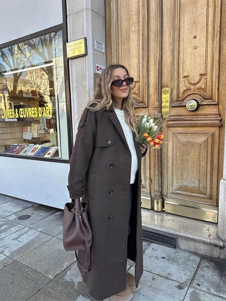 Elegant brown double-layer wool coat with belt womens long sleeved loose collar casual coat autumn warm business coat 241011