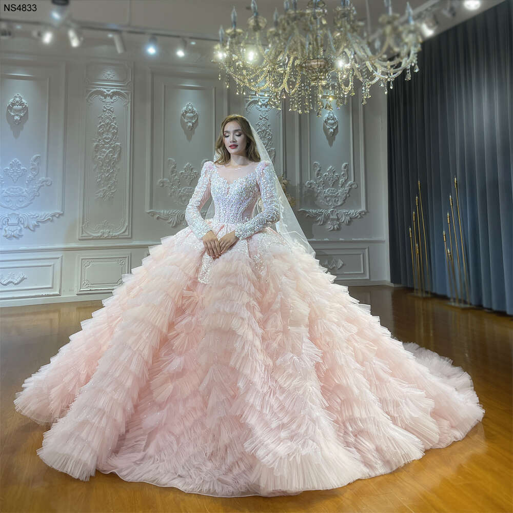 Baby pink Lace Applique Ruffle Wedding Dress Ball Gown Wedding Dresses