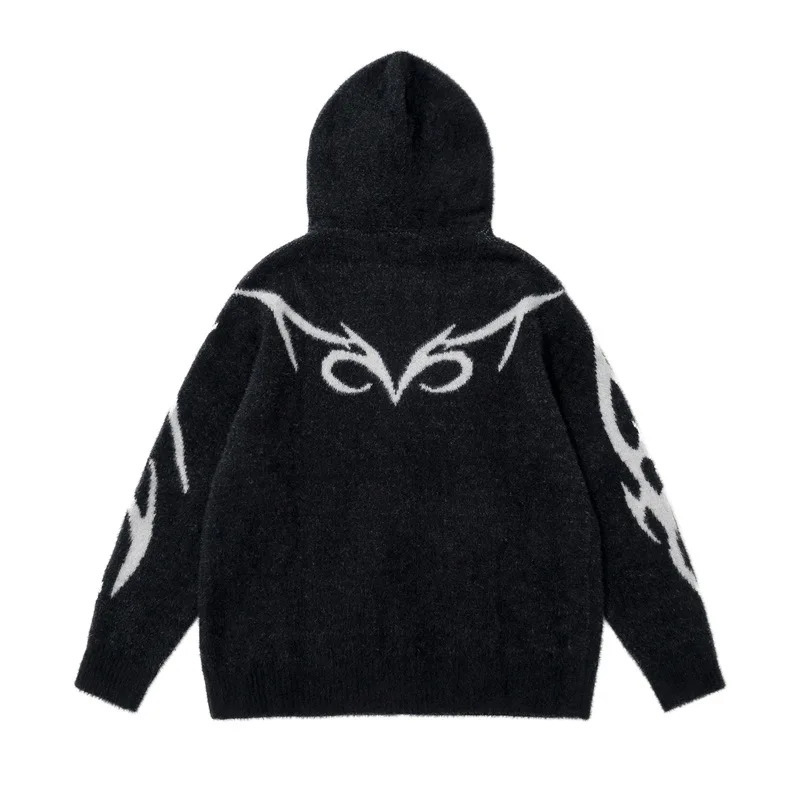 Mens retro knitted Y2K graphic sweater with winter zipper oversized cardigan unisex fashion 2000s youth clothing 241007