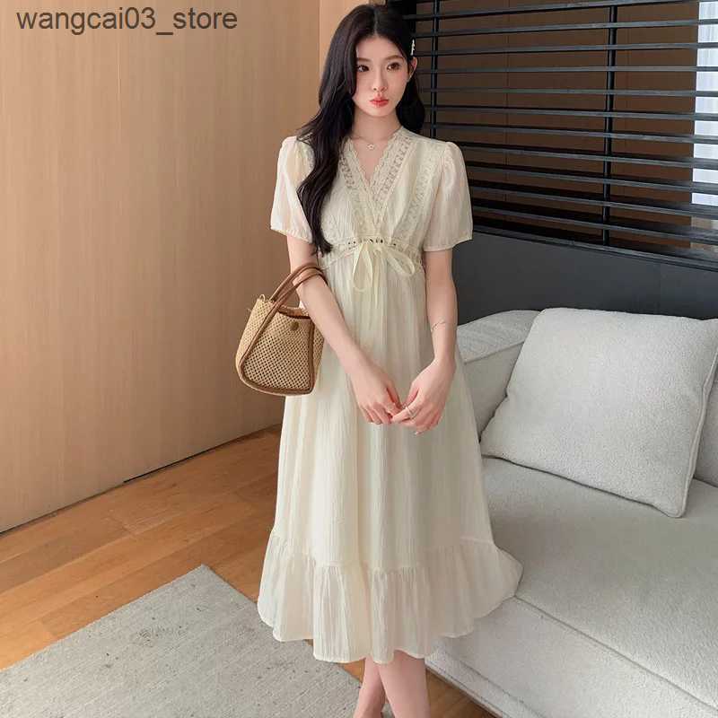 Maternity Dresses Summer Short Sleeved Maternity Dress Drawstring Waist Hollow Out Lace Patchwork V-Neck Pregnant Woman Beach Dress Holiday Dress L240