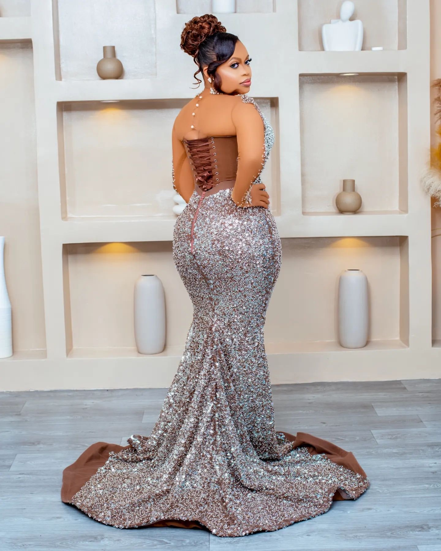 Aso Ebi 2024 Brown Illusion Mermaid Prom Dresses Rhinestones Florals Sequined Evening Formal Party Second Reception Birthday Gowns Dress For Special O