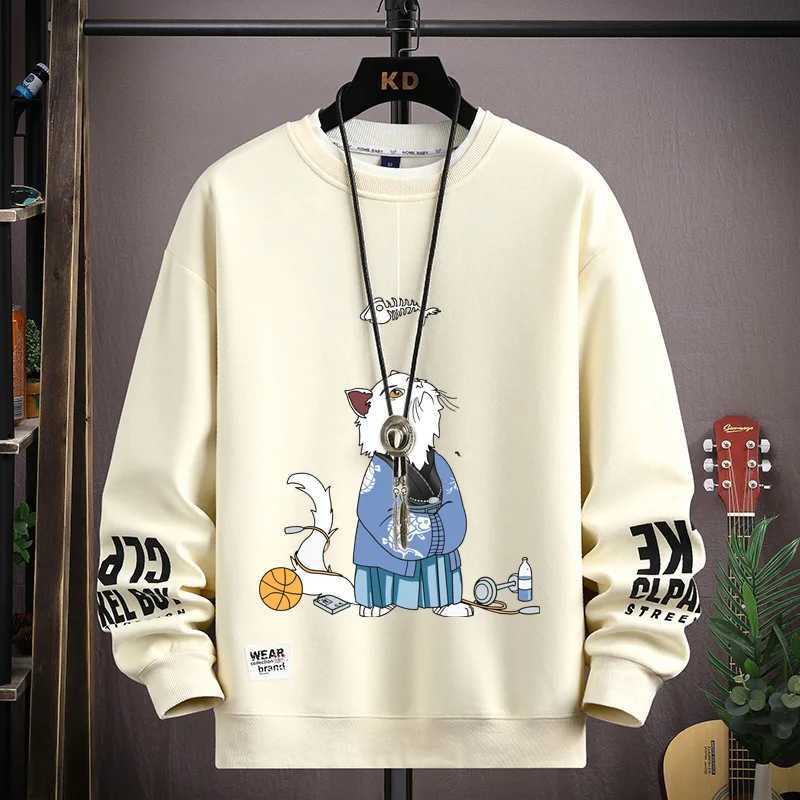 Autumn Mens Sweater Japan Cartoon Cat Printed Sweatshirt Harajuku High Street Trendy Long Sleeve O Neck T-shirt Mens Clothing LX241011