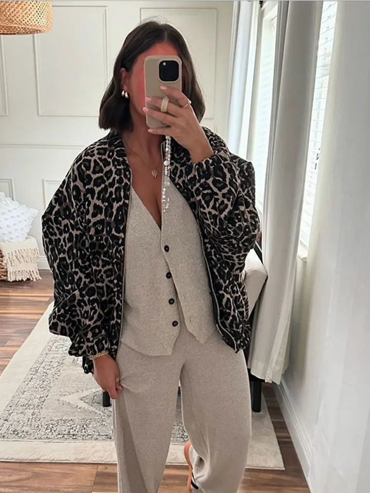 Fashion Leopard Pattern Cashmere Coat Autumn/Winter Fashion Warm Coat Womens O-neck Zipper Loose Jacket 241007