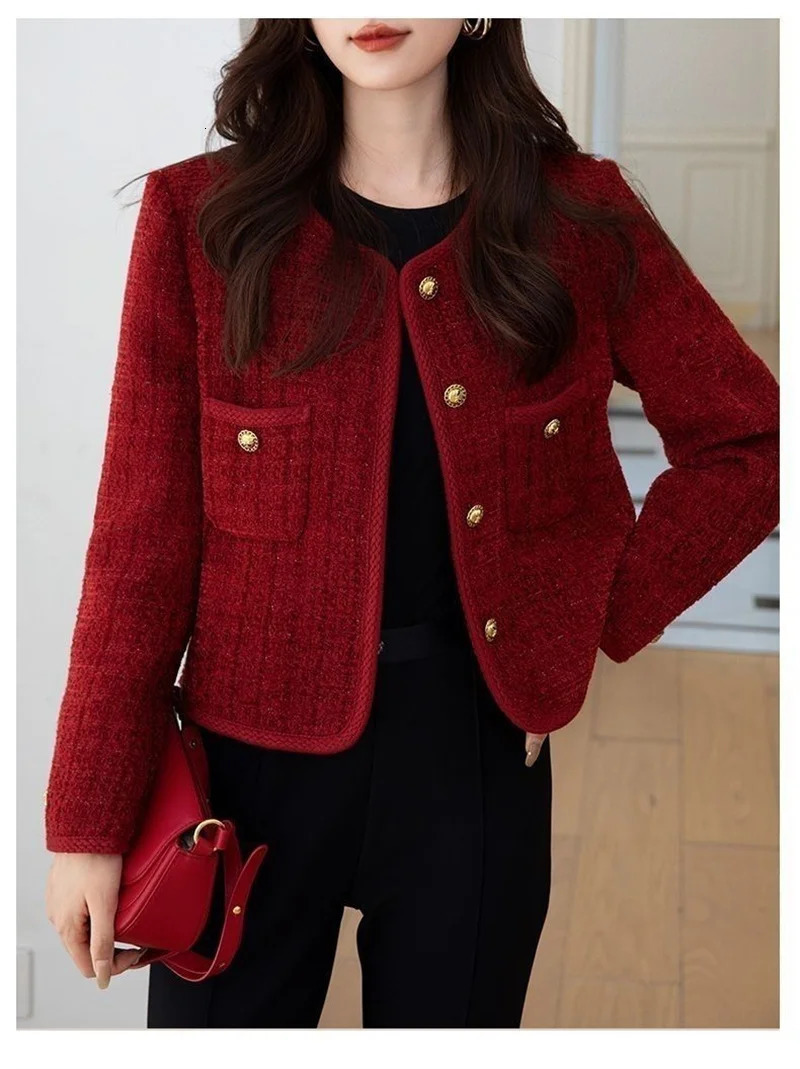 Outerwears Womens Jacket Jackets Burgundy Coat Spring and Autumn Temperament Joker Socialite Tweed 241011