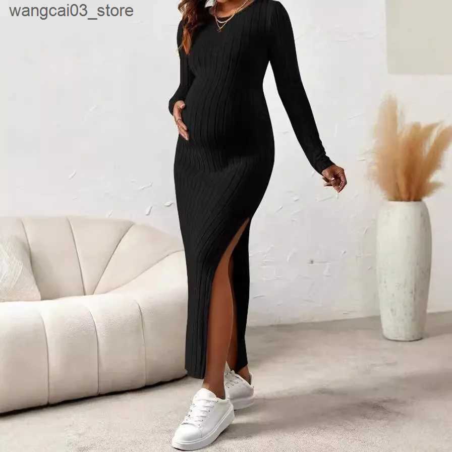 Maternity Dresses Side Splits A Line Slim Knitted Dress Maternity Autumn Winter American Casual Long Sleeve Clothes for Pregnant Women Pregnancy L2409