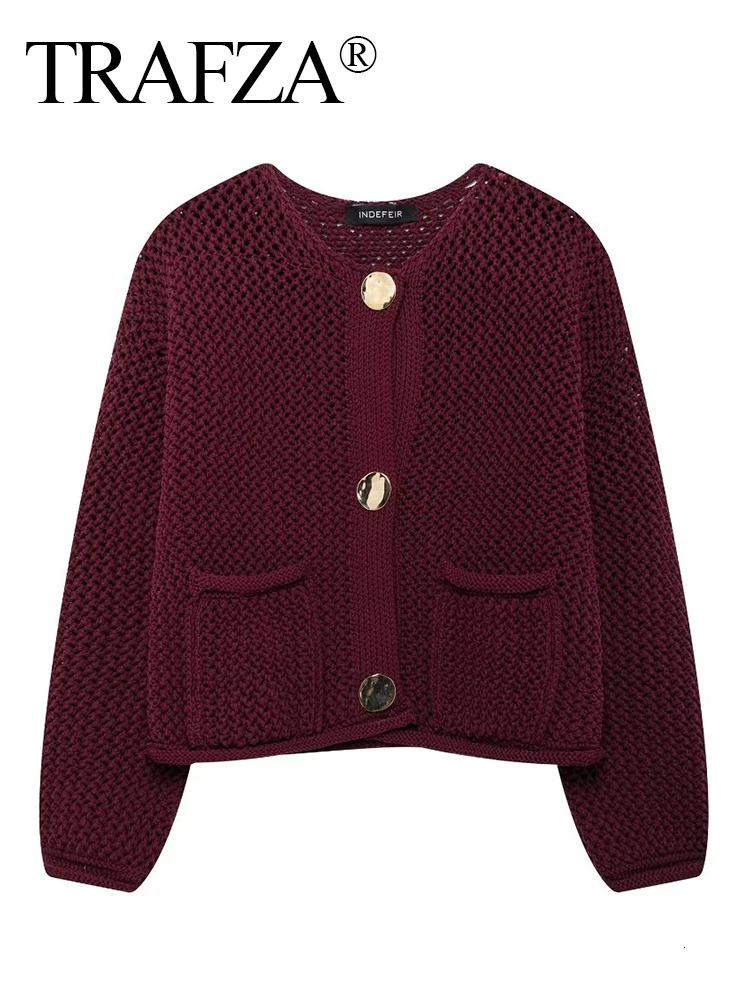 TRAFZA Women Hollow Out y Knitted Cardigans 2024 Female Long Sleeve Metal Buttons Short Sweater Crop Top Knitwear Outerwear 241007