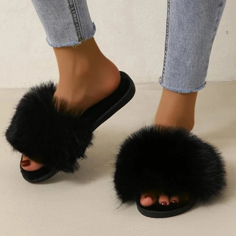 Womens Slippers Winter Simple Words Fur Apartment Soft Home Womens Slippers Artificial Fur Warm Bedroom Casual Womens Shoes 241007