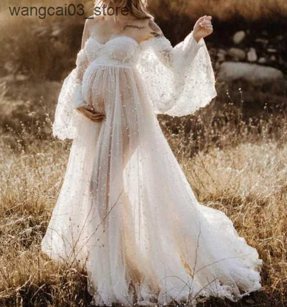 Maternity Dresses Maternity Photography Props Dress Dense Pearl White Yarn Maternity Photography Clothing Babyshower Gown Photo Shoot Pregnant L240910