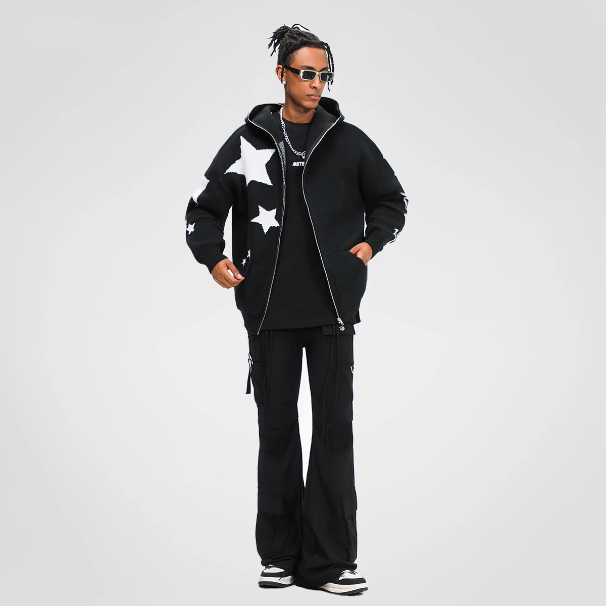 HOUZHOU Y2K celebrity hooded cardigan knitted sweater mens autumn streetwear hip-hop long sleeved jump jacket zipper jacket mens 241007