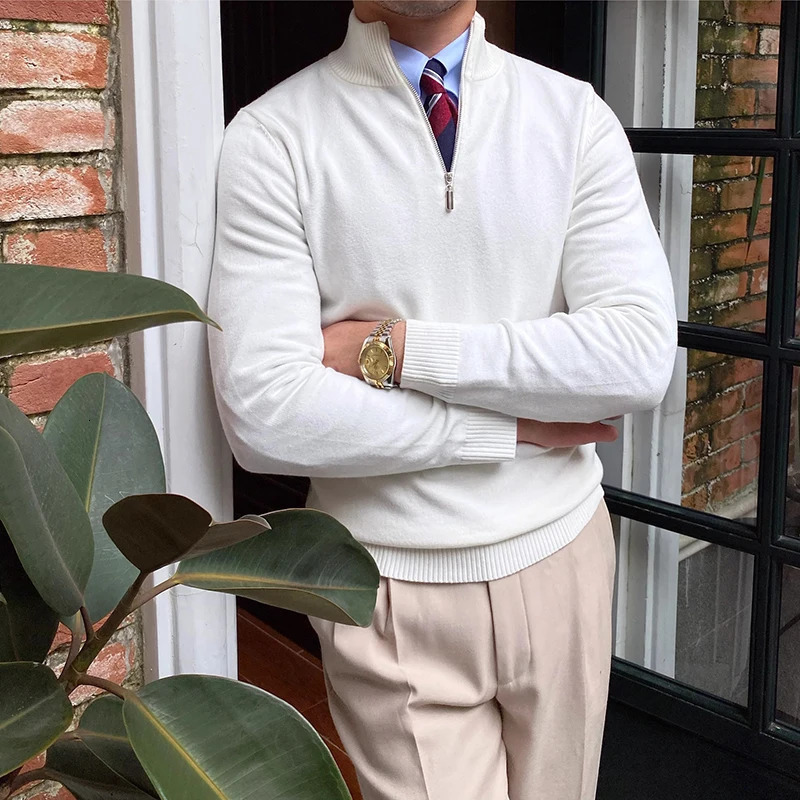 Classic mens knitted jumper top solid color long sleeved zipper collar sweater autumn fashion knitted floral mens sweater 241007