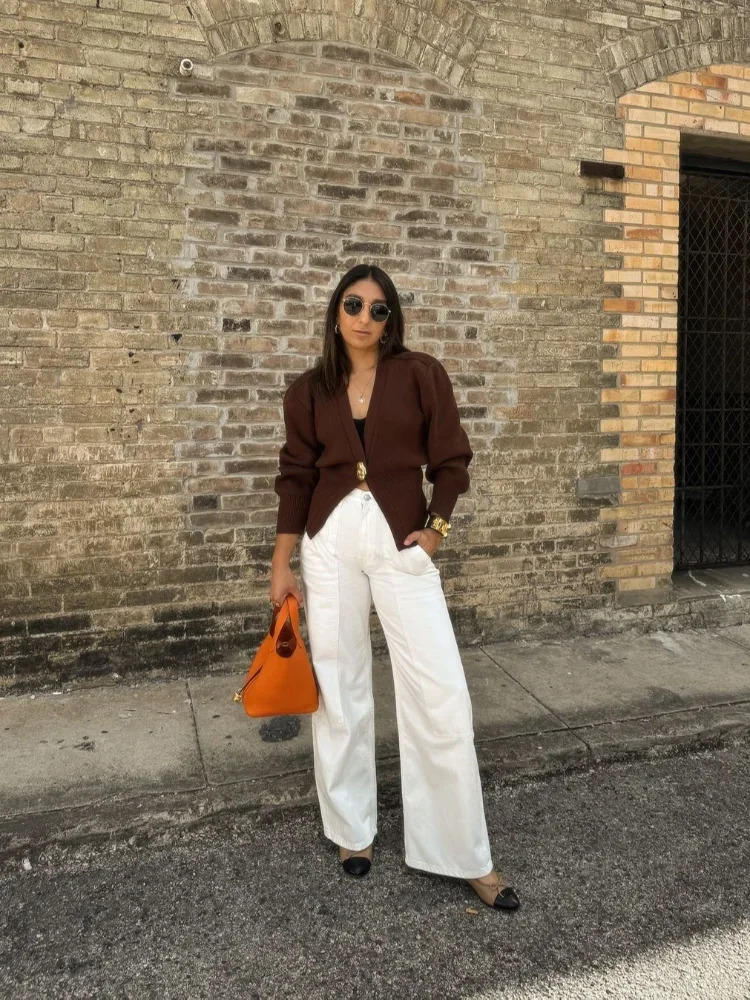 Elegant solid color button knit womens cardigan chic V-neck long sleeved loose warm sweater autumn womens high street clothing 241011