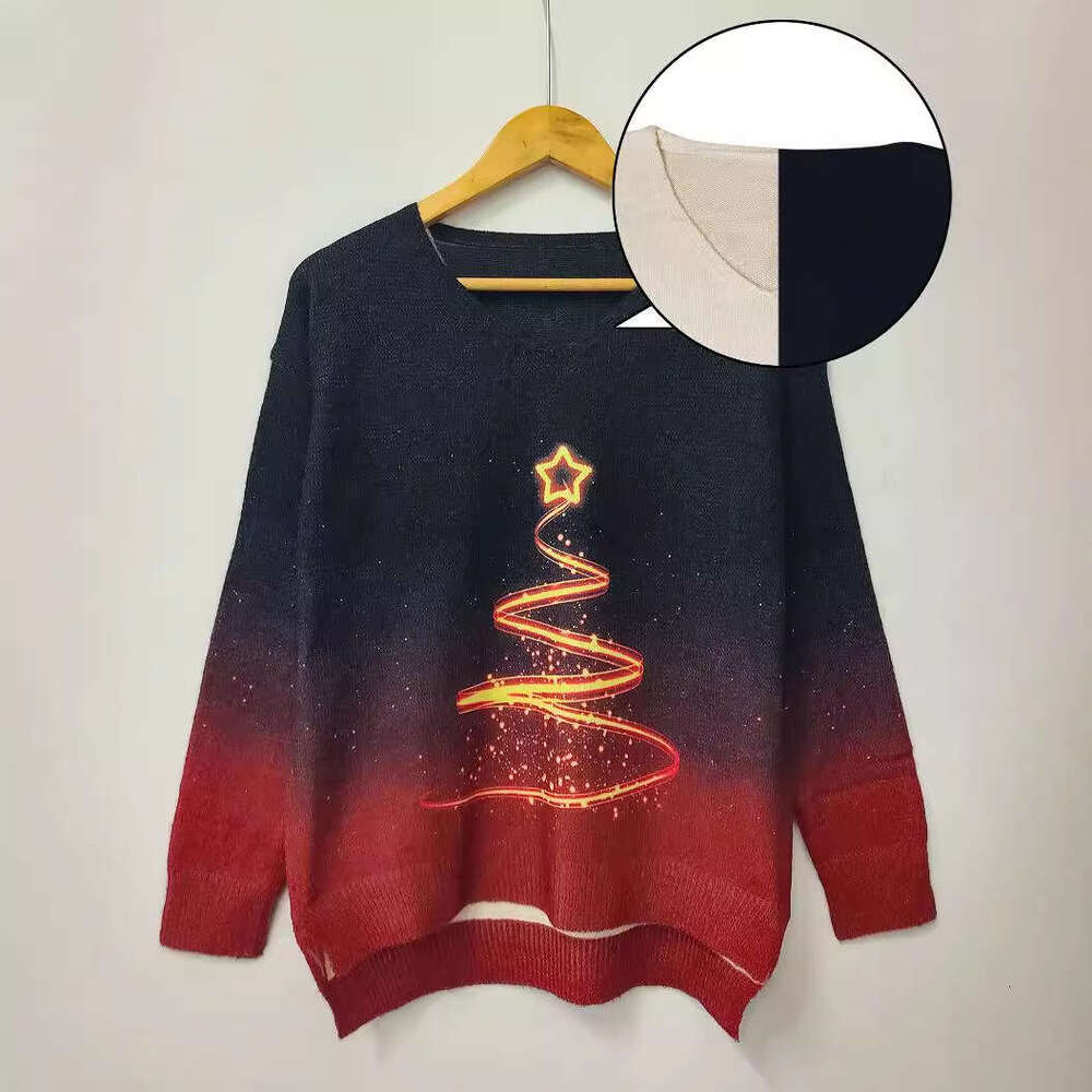2024 Winter Digital Printed Sweater V-neck Front Short Rear Long Side Split Christmas Tree Line Print, Female