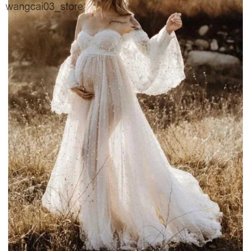 Maternity Dresses Maternity Photography Props Dress Dense Pearl White Yarn Maternity Photography Clothing Babyshower Gown Photo Shoot Pregnant L240910