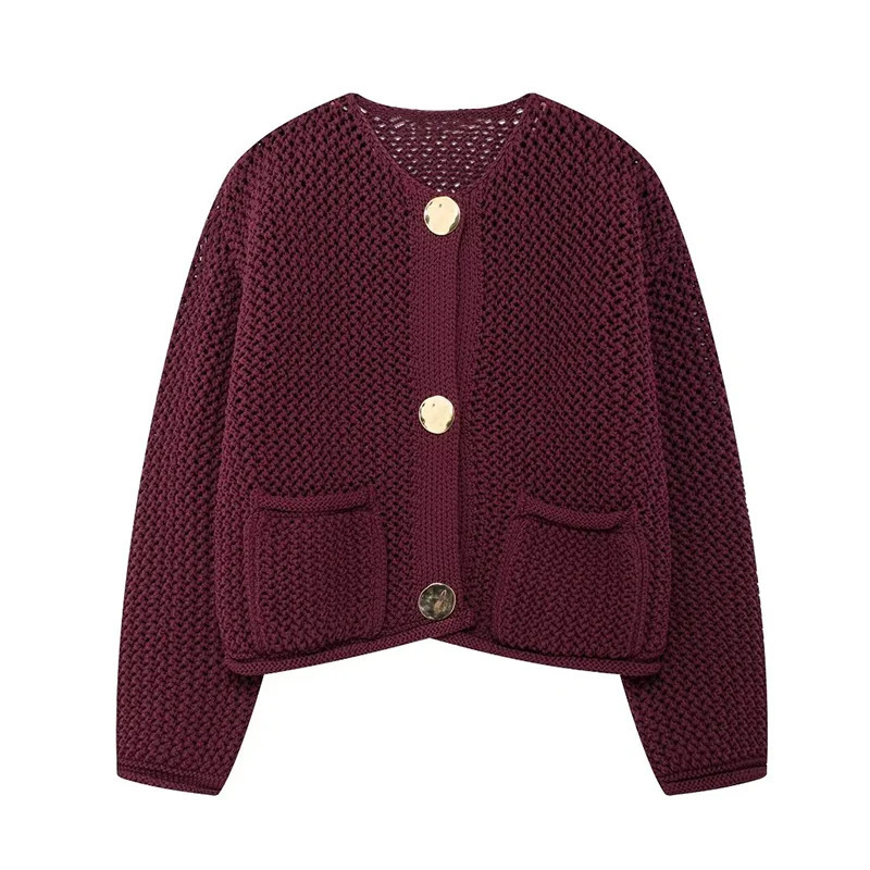 SIYANG Women Fashion Chic Wine Red y Knit Cardigan Female Buttons Pockets Short Sweater Ladies Knitwear 241007