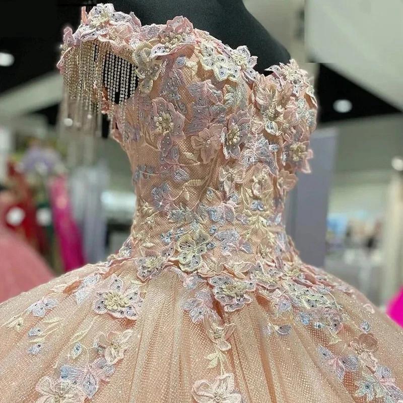 Light Champagne Off The Shoulder Quinceanera Dresses Ball Gown 3D Flowers Appliques Lace Beading Tassel Corset Vestido De 15 Anos Sweet 16 Dress