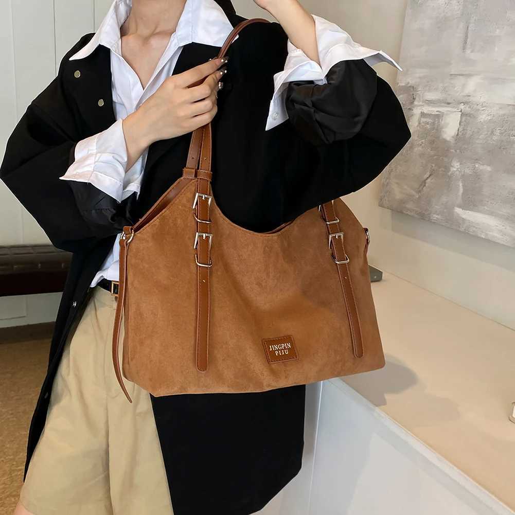 Ladies Suede Shoulder Bag with Adjustable Strap Underarm Large Capacity Top Handle Solid Satchel for Work Travel 241011