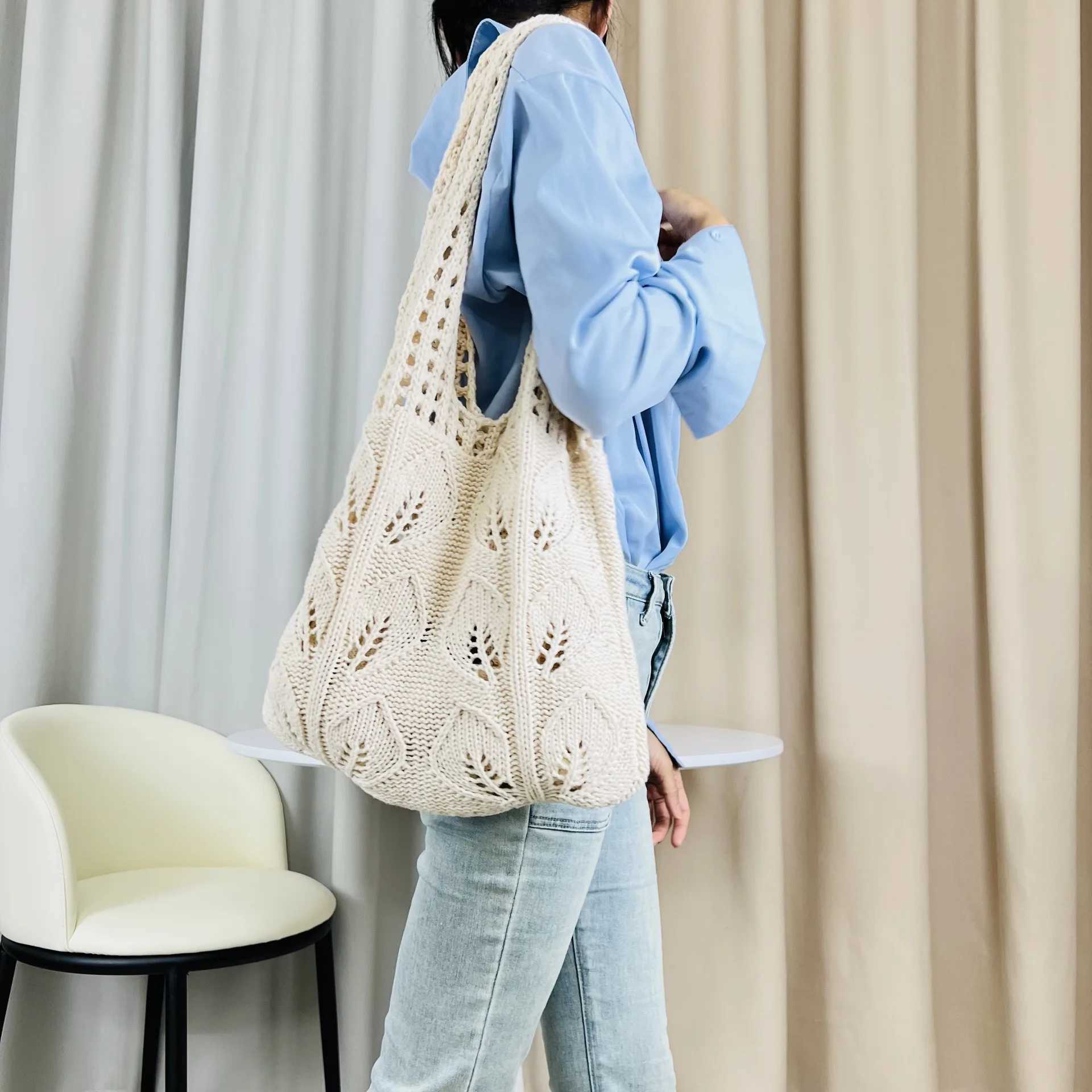 Knitted handbag beach bag lightweight student shoulder casual handbag womens shopping bag Y241011