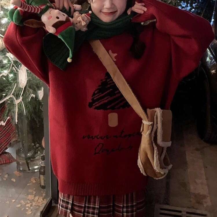 Christmas female atmosphere, autumn and winter lucky tree embroidery, long sleeved round neck knit sweater, loose fit