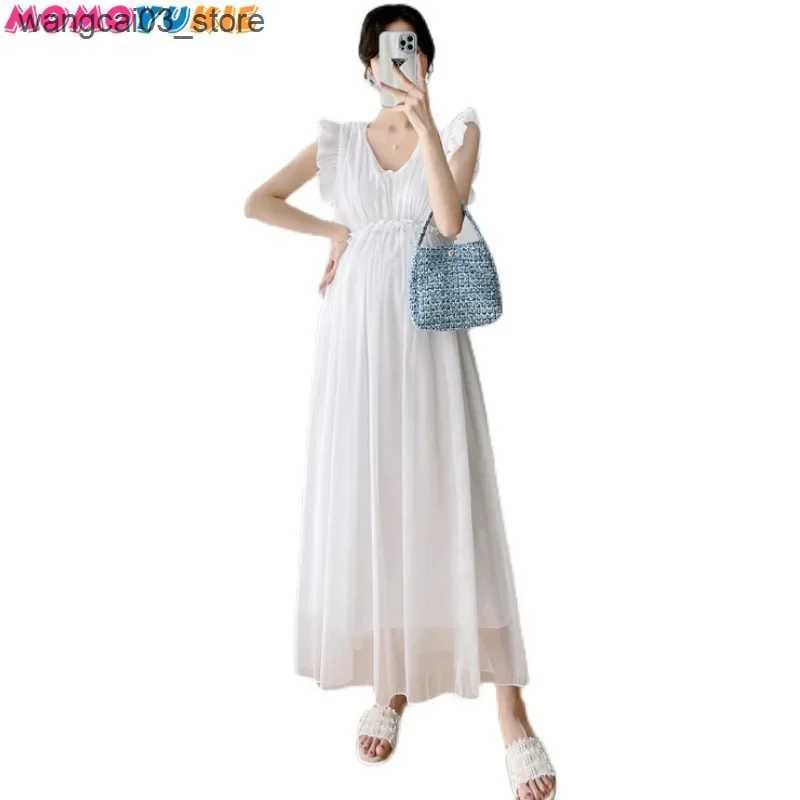 Maternity Dresses Summer Party Dresses Maternity Fairy Dress Petal Sleeve High Waist V-neck Pregnant Women Dress Sleeveless Princess Chiffon Dress L24