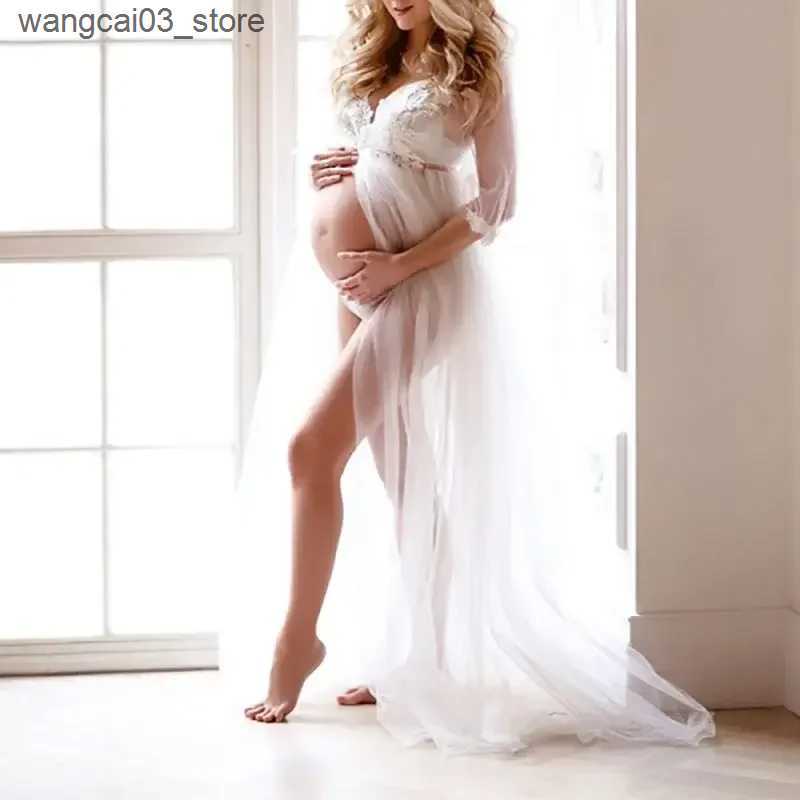 Maternity Dresses White Maternity Lace Dresses For Photography Props Sexy Pregnant Women V-Neck Maxi Baby Shower Dress Premama Photo Shoot Gowns L2409