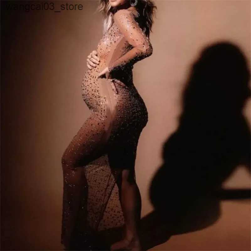 Maternity Dresses Mesh Maternity Photography Gown Sparkling Rhinestone Elastic Sexy Dress Transparent Pregnant Women Dress For Photo Shoot L240910