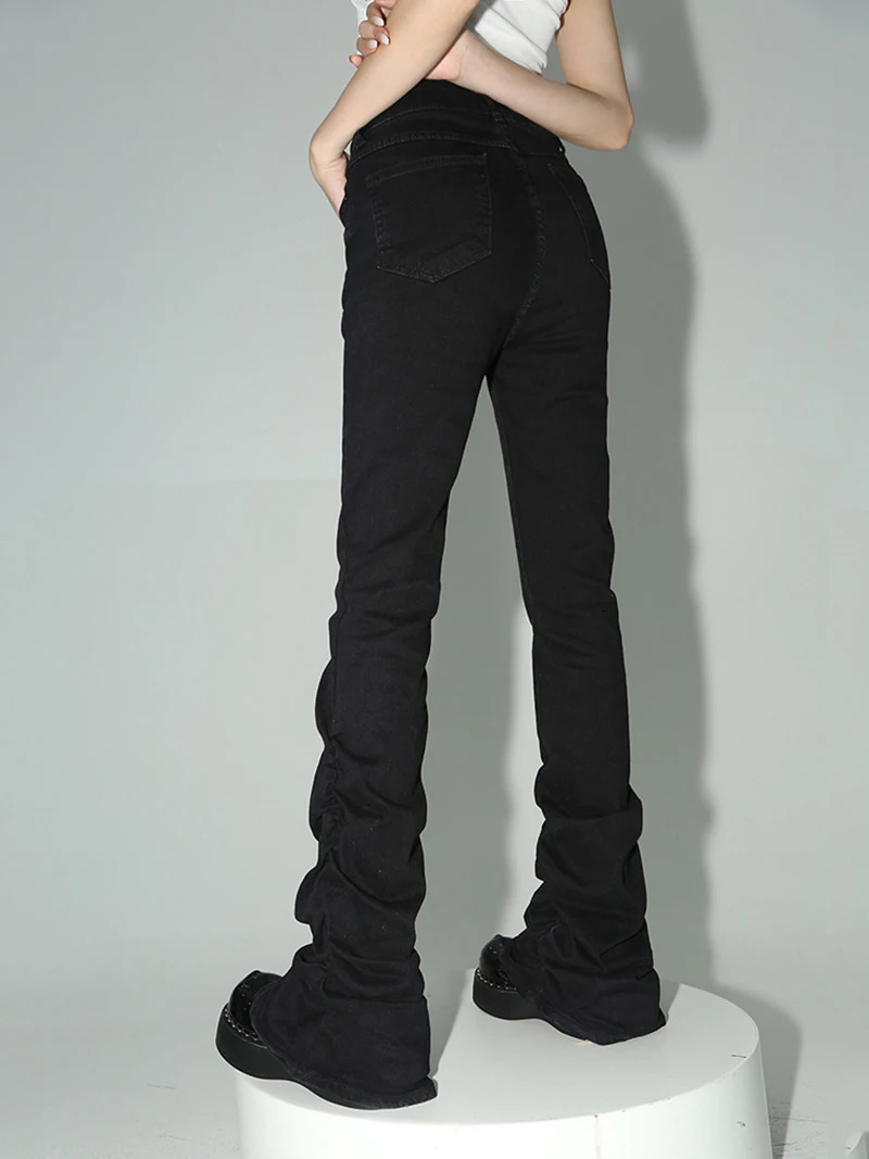 REDDACHiC Black Ruched Flare Jean Solid Stretch Bootcut Stacked Pants High Rise Trousers Harajuku Goth Grunge Y2k Clothes 241009