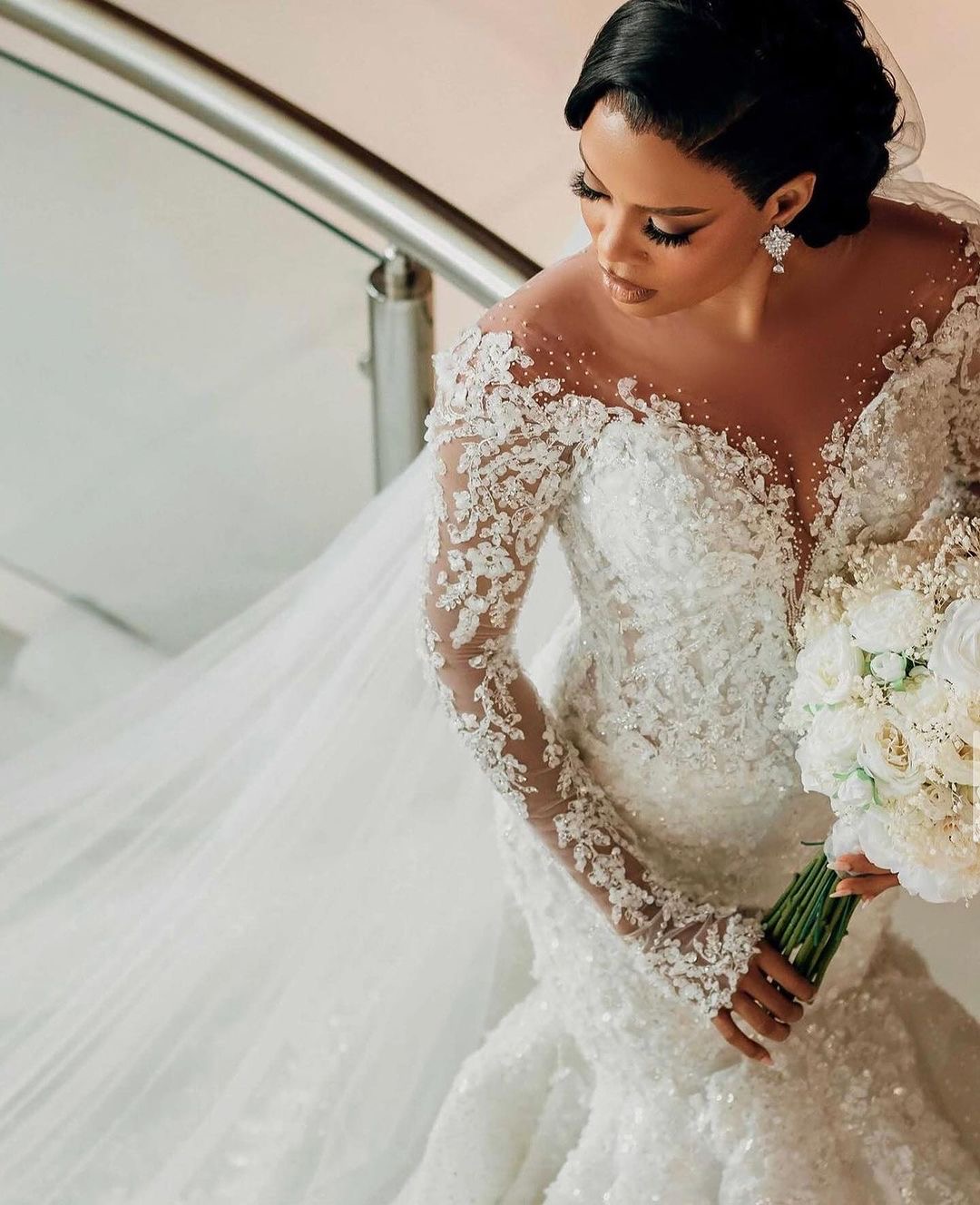 Aso Arabic Ebi Plus Size Ivory Mermaid Wedding Dresses Full Sleeves Lace Beaded Vintage Elegant Bridal Gowns Dress ZJ