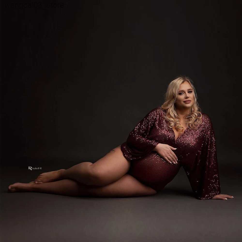 Maternity Dresses Maternity Photo Shoot Photography Dress For Women Sequins Bodysuit Private Photos Sexy Shiny Long Sleeve Jumpsuit Props Costumes L24