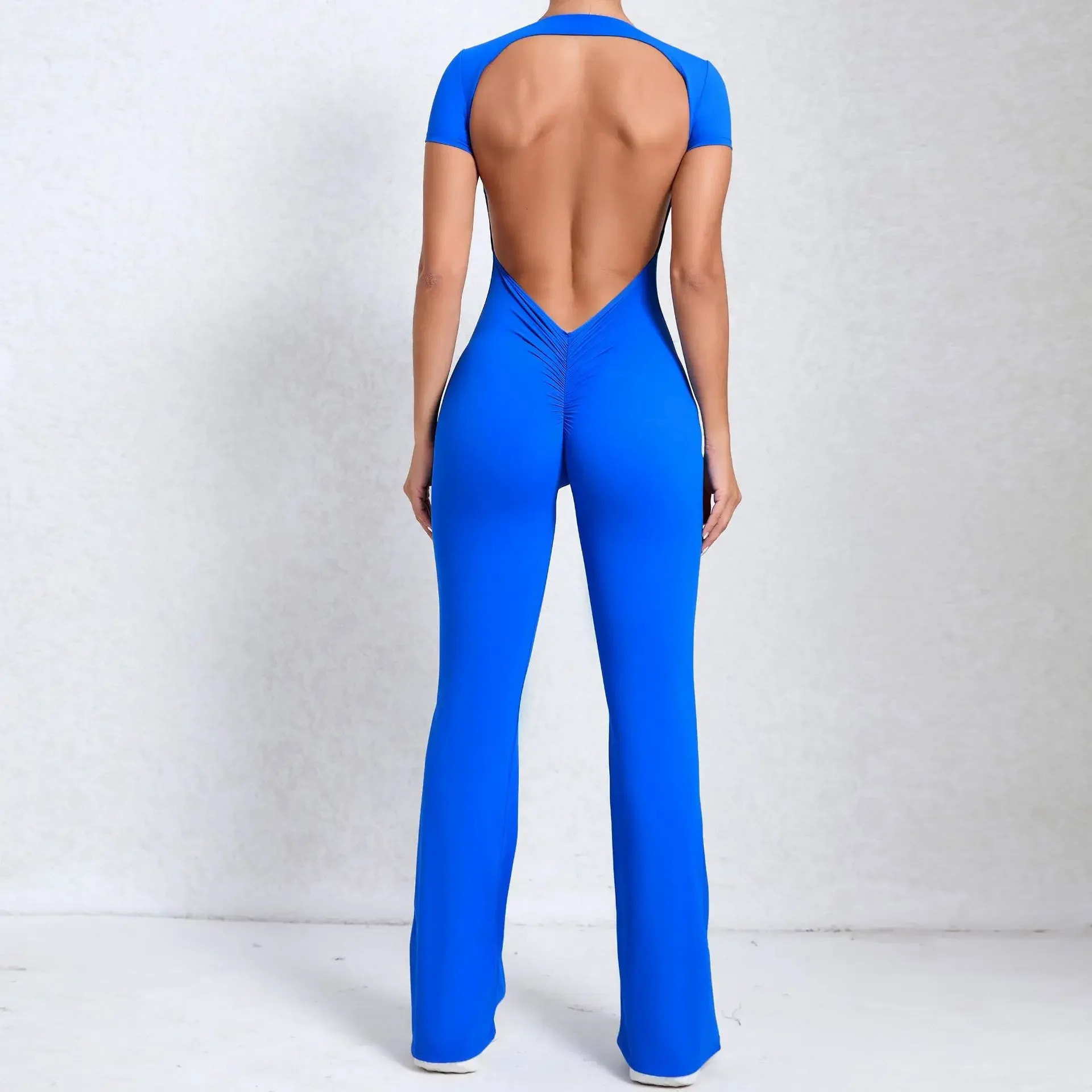 Sexy Backless Scrunch Flared Jumpsuits Women One Piece Sportswear Yoga Clothes Short Sleeve Fiess Overalls Female Sport Outfit mascot