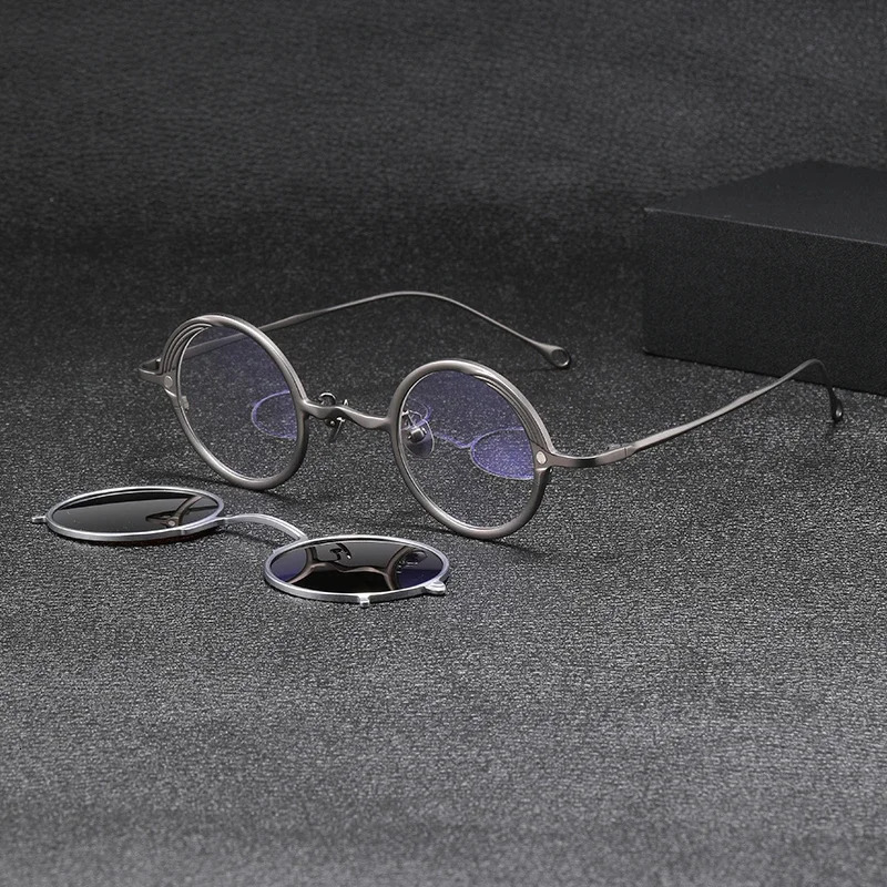 2-in-1 Retro Magnet IC Clip Pure Round Glasses Frame Mens Polarized Sunglasses Womens er Glasses 240926