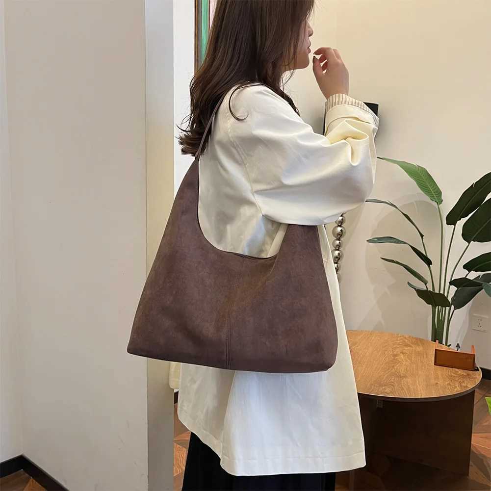 Women Suede Tote Bag with Multi Pockets Crescent Zipper Closure Underarm Large Capacity for Work Travel 241011