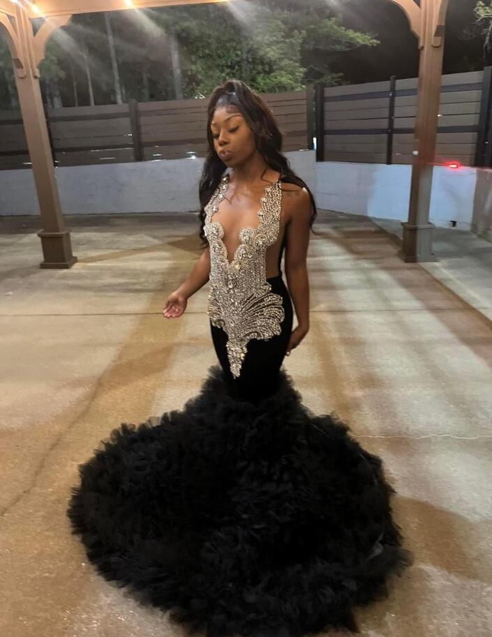 Sparkly Long Mermaid Prom Formal Dresses for Black Girl 2025 Luxury Diamond Ruffles Clound Evening Birthday Party Gala Gown