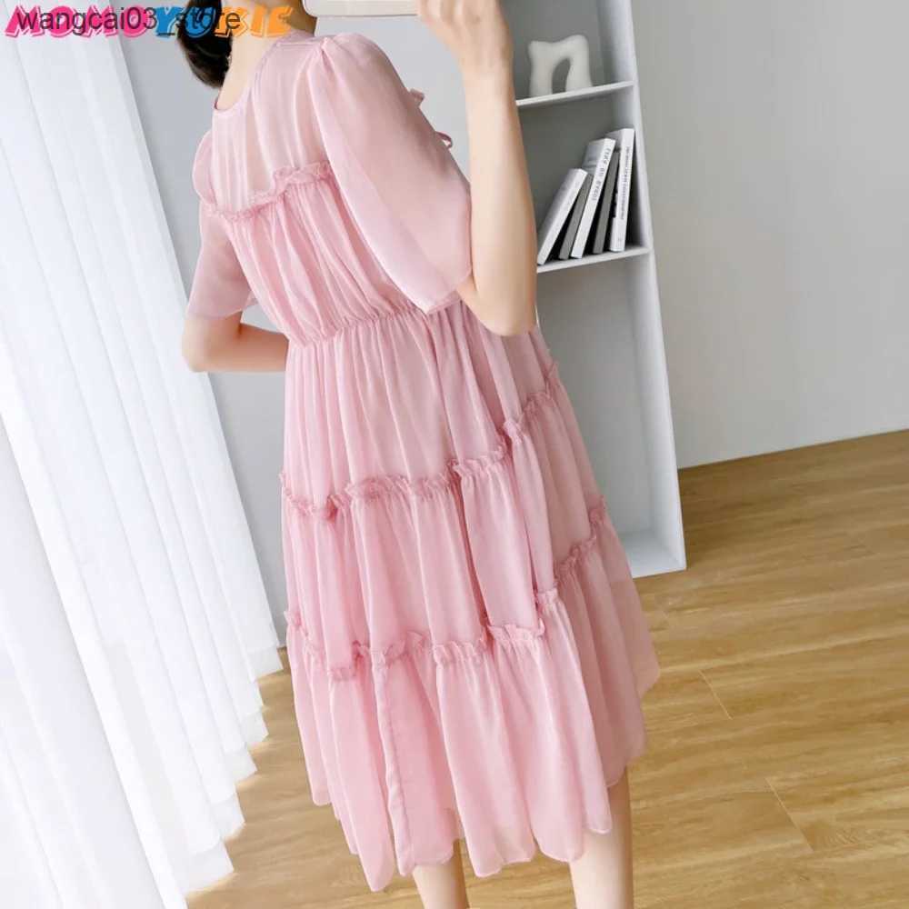Maternity Dresses 2022 New Fresh Fairy Maternity Solid Chiffon Cake Dress For Summer Pregnancy Clothes V-Neck Knee-Length Pregnant Vestidos L240910