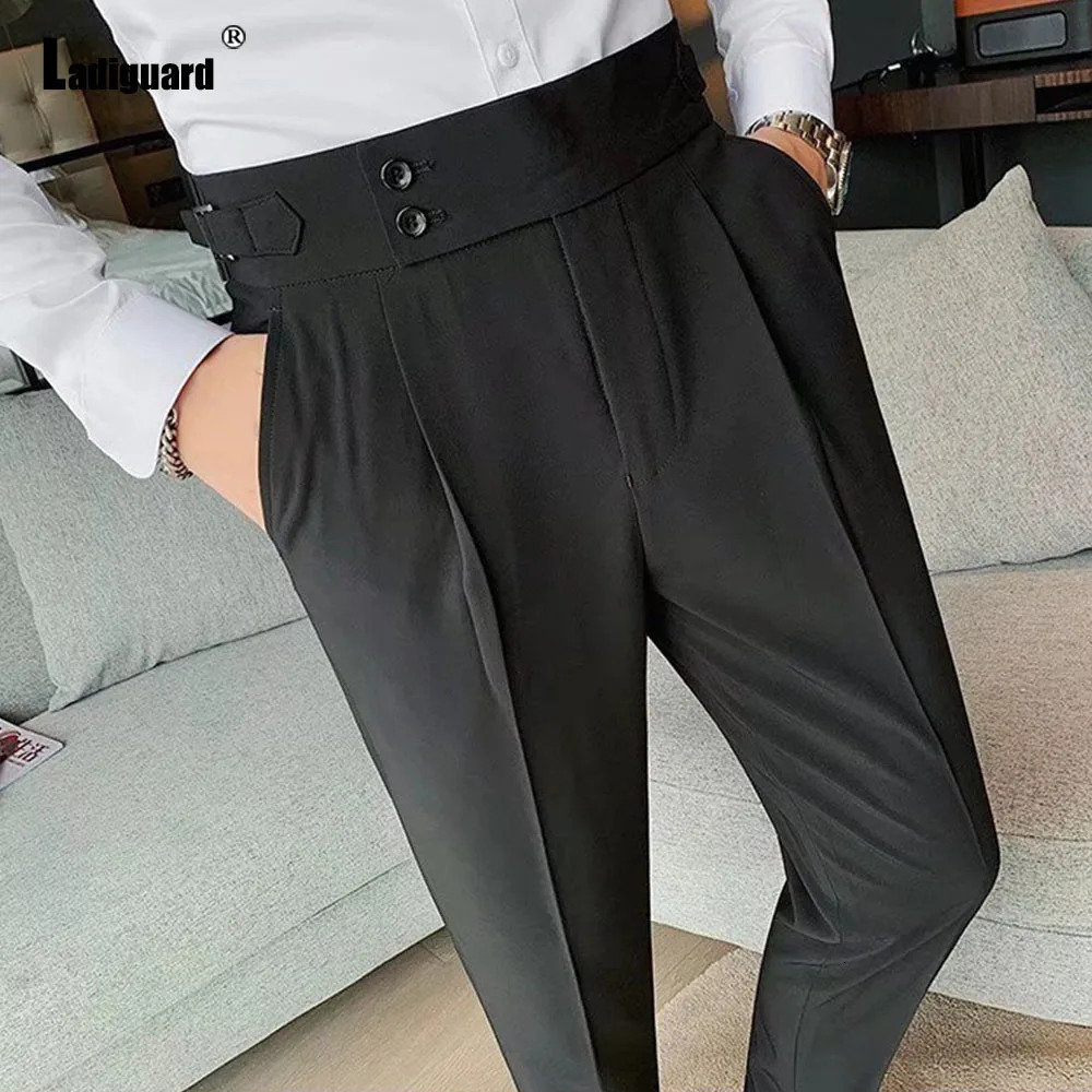 Mens elegant formal suit pants for weddings solid color khaki standing pocket Trouser Naples Italy fashion button Up 241010
