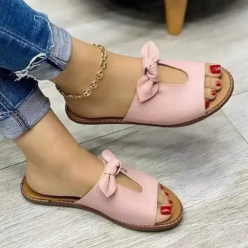 Summer womens slippers cute bow flat casual sandals solid color beach sandals Y241011