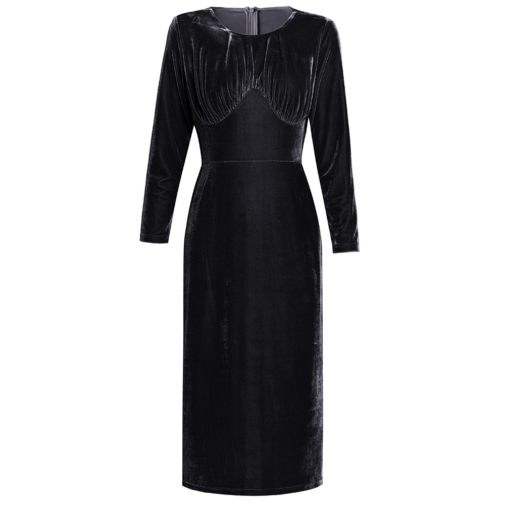 0C-SB9447 407M17 Women's Basic & Casual Dresses Autumn and Winter Golden Velvet Long Skirt Evening Dress
