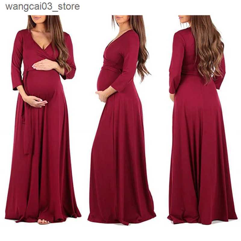 Maternity Dresses 2022 Autumn New Women Pregnant Maternity Nursing Floral Breastfeeding Summer Long Dress V-neck Beach Clothes for Pregnant Women L240