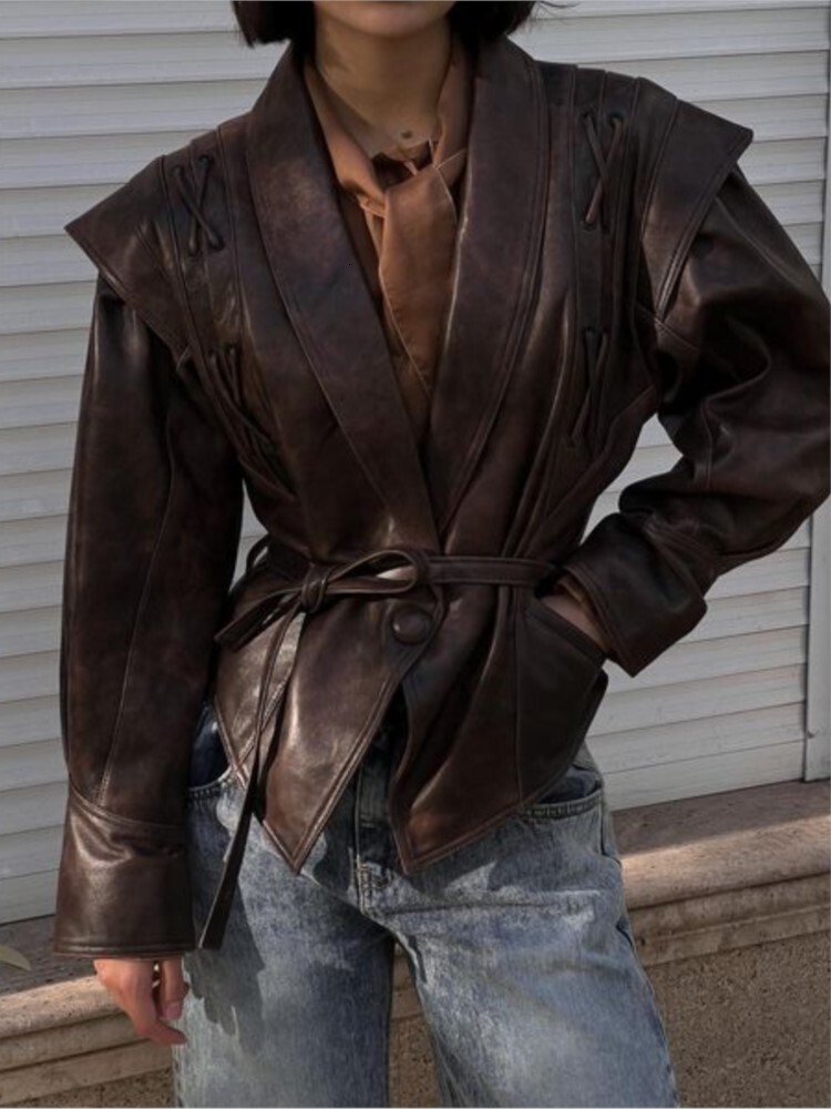 Lace-Up Motorcycle Leather Jacket Coat Vintage Waist Cinching French Long Sleeved Single Breasted Coffee Brown Women PU Jackets