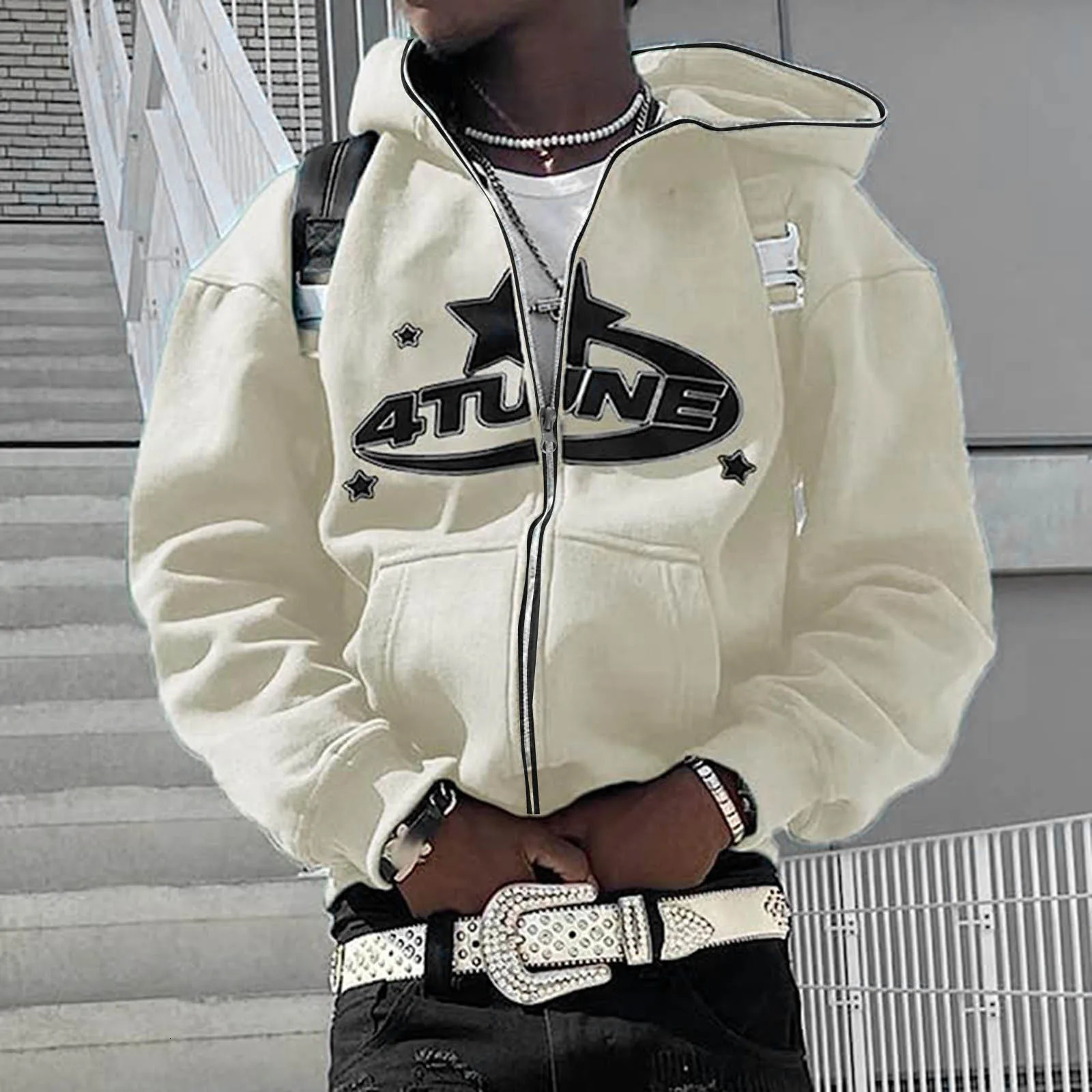 Zip Up Hoodies Y2k Cardigan In Sweatshirts Warmth 4tune Letter Print Trend Casual Hip Hop Hooded Mens Clothing 241011