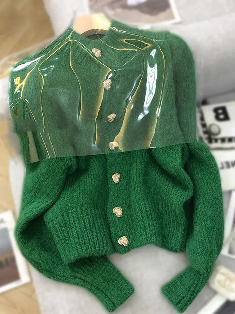 Green Knitted Cardigan Sweaters Autumn Half High Collar Sweet Casual Korean Fashion Winter Jacket 241007