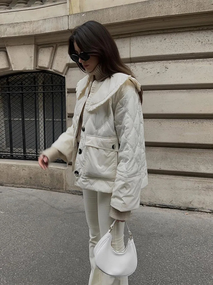 Women Elegant White Ruffled Lapel Cotton Coat Fashion Single Breasted Long Sleeve Warm Jacket Autumnwinter Lady Short Coats 240930