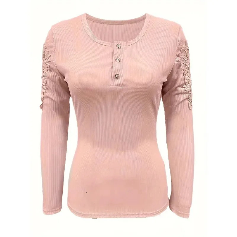 Spring and Autumn Womens Top Round Neck Button Slim Fit Long Sleeve Hollow Out Tshirt 241011