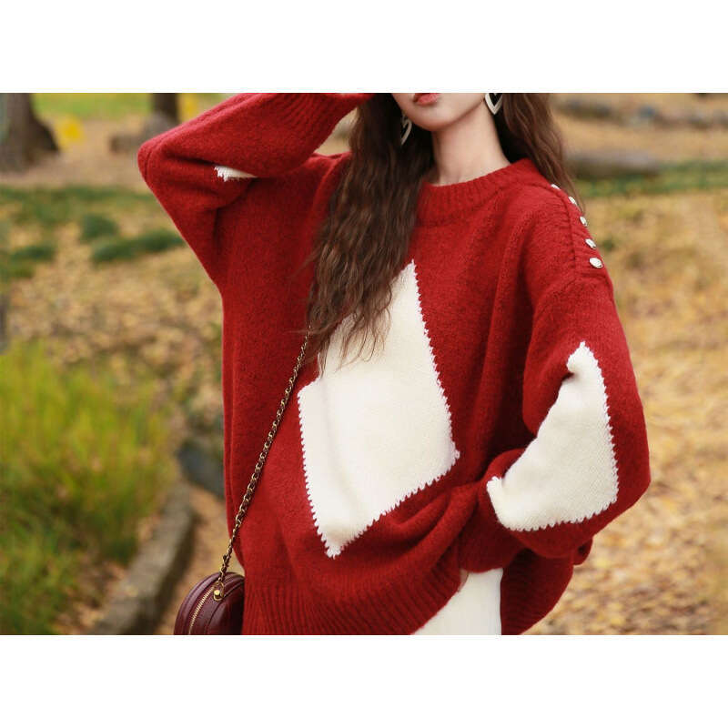 Lazy style Christmas red loose pullover for women, 2024 autumn and winter new style, stylish outerwear sweater top, BR