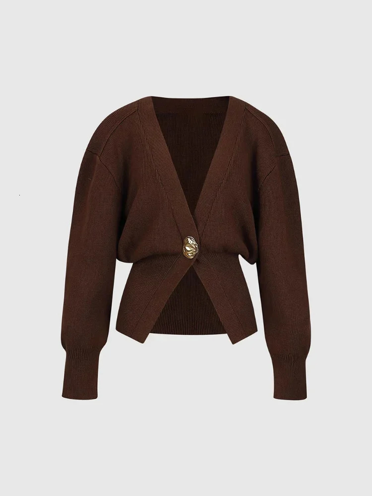 Elegant solid color button knit womens cardigan chic V-neck long sleeved loose warm sweater autumn womens high street clothing 241011