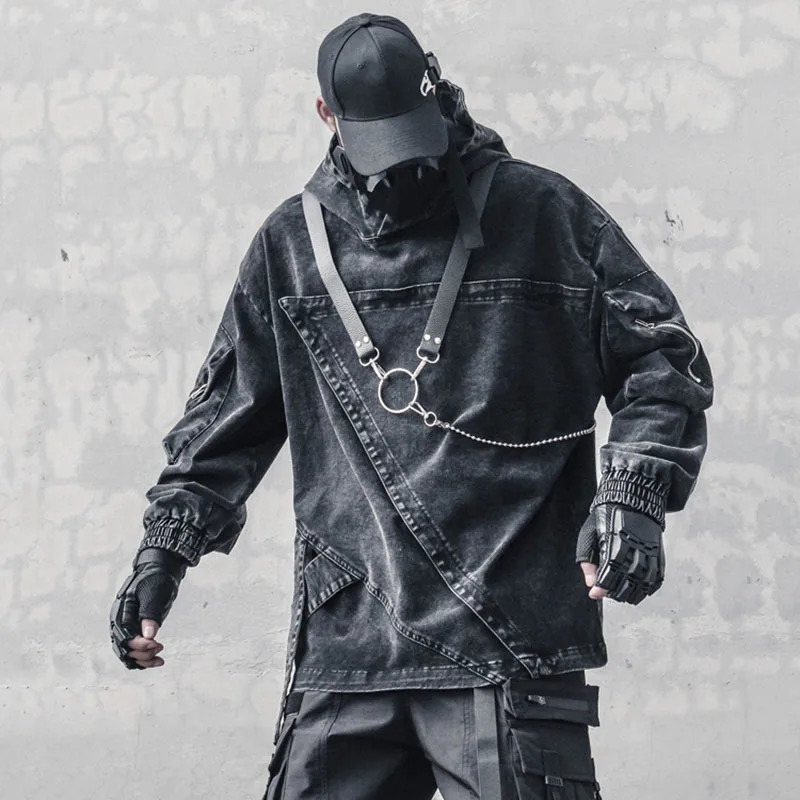 PFNW Dark Mens Denim Hoodie Splicing Ribbon Hoodie Loose Wash Zipper Autumn Mens Sportswear Personalized 12C922 241010