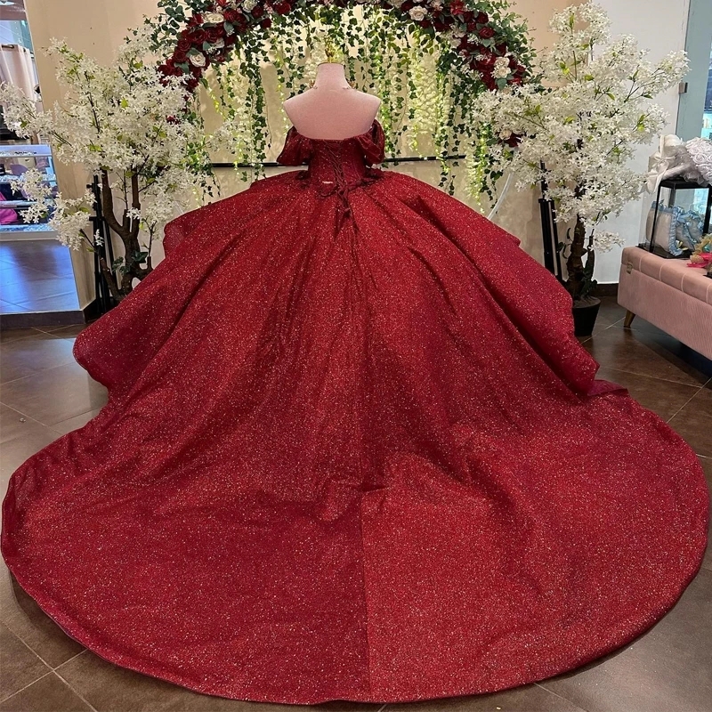 Red Shiny Off Shoulder Ball Gown Quinceanera Dresses Tulle Lace Beaded Appliques Party Birthday Sweet 16 Dress Vestido De 15 Anos