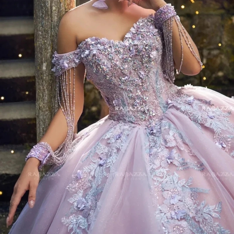 Sparkly Lilac Ball Gown Quinceanera Dresses Elegant Luxury 3D Floral Appliques Lace Beads Tull Party Birthday vestido 15 De Anos