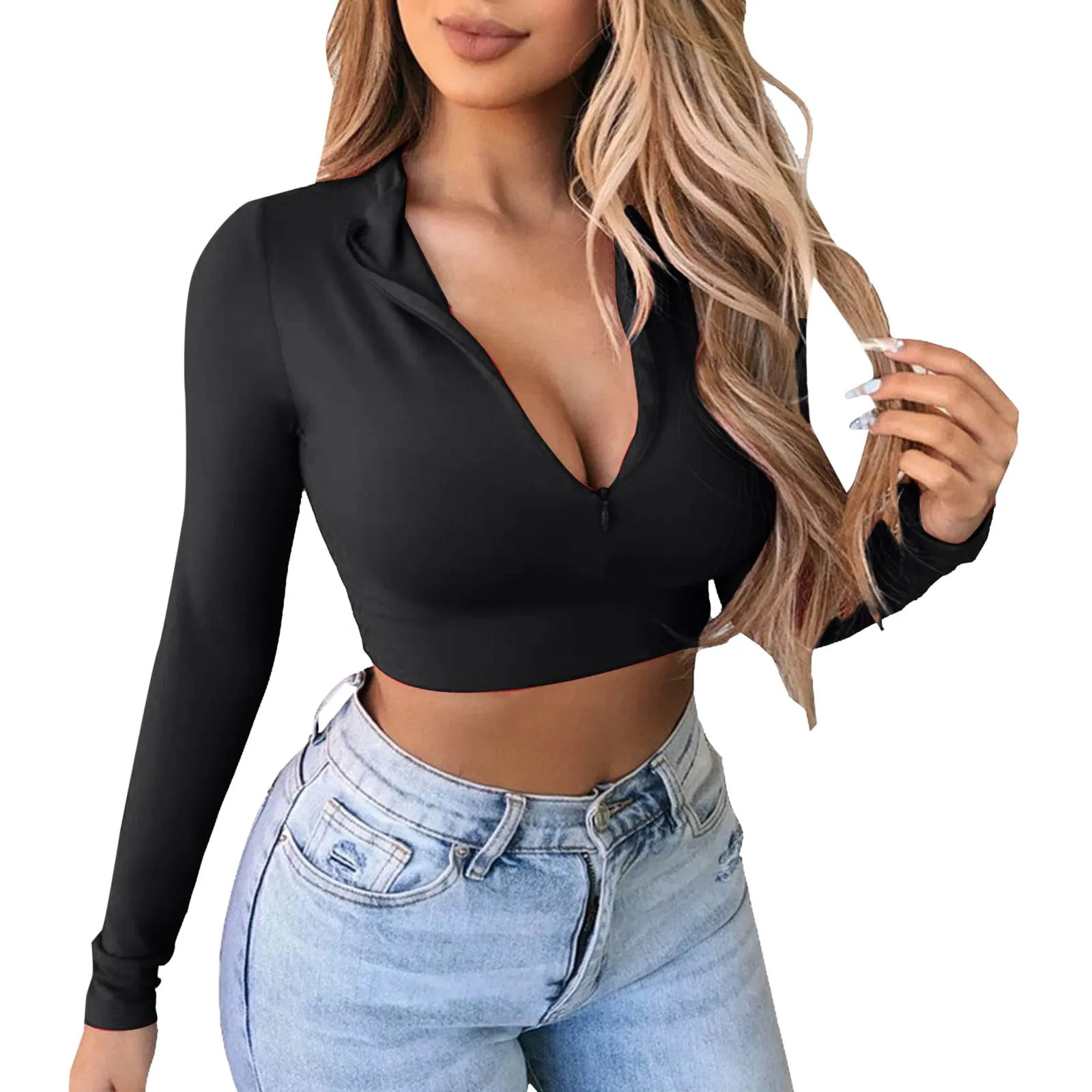 Y2K Zip T Shirt Women Long Sleeve Crop Tops Sexy Slim Fit Tees Female TShirts Fashion Ladies Solid Pullovers Causal 241011