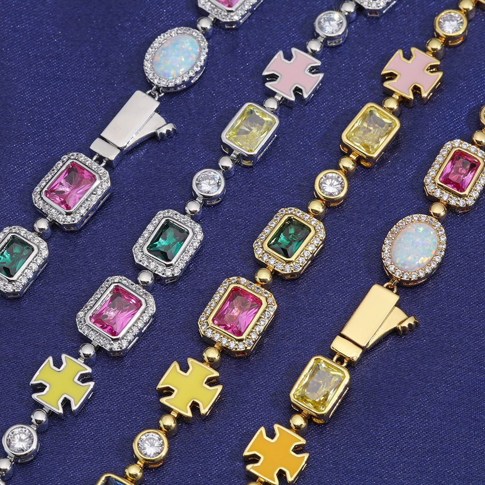 Hip Hop Cross Tennis Chain Necklaces Bracelet Colored Gemstone Jewelry Men Women