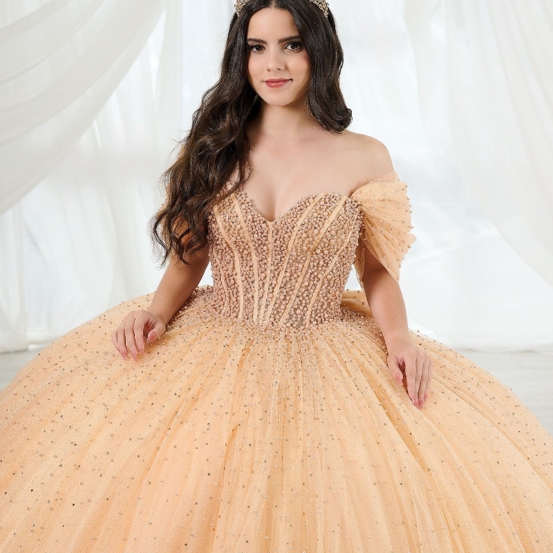 Champagne Shiny Princess Ball Gown Quinceanera Dresses Corset Gown Beads Crystal Tull Birthday Party Sweet 16 Dress Ball Gown Vestidos 15 De Anos